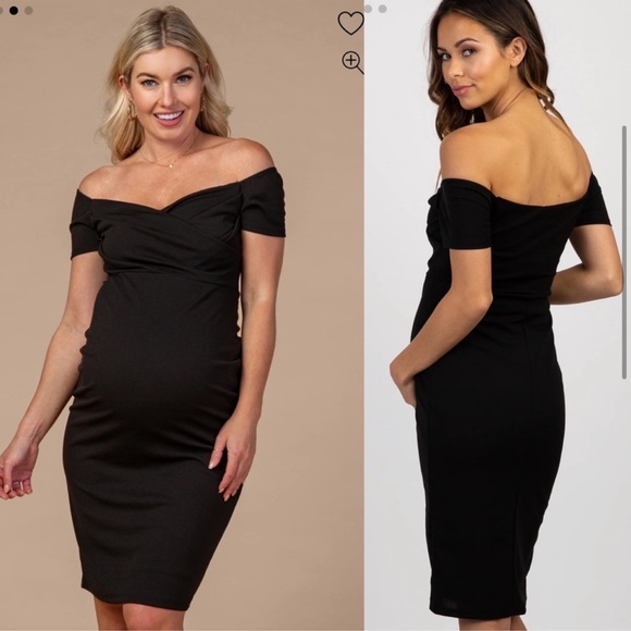 PinkBlush Black Off Shoulder Sweetheart Neckline
Maternity Fitted Mini Dress - Picture 10 of 11